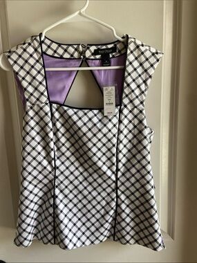 White House Black Market Black & White Plaid Sleeveless Top with Lavender Lining